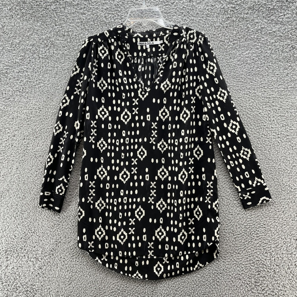 Pam Gela Shirt Womens Small Black Silk Ikat Print Tunic Mini Dress Long Sleeve